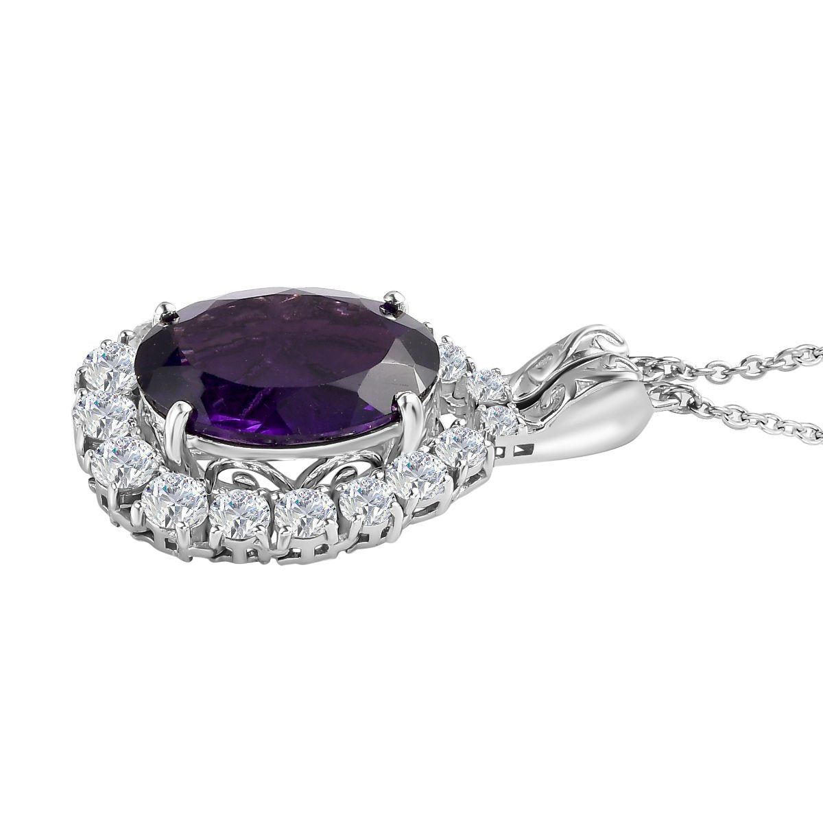 Afrikanischer Amethyst, weißer Zirkon Anhänger mit Kette, ca. 50 cm, 925 Silber platiniert ca. 14.26 ct