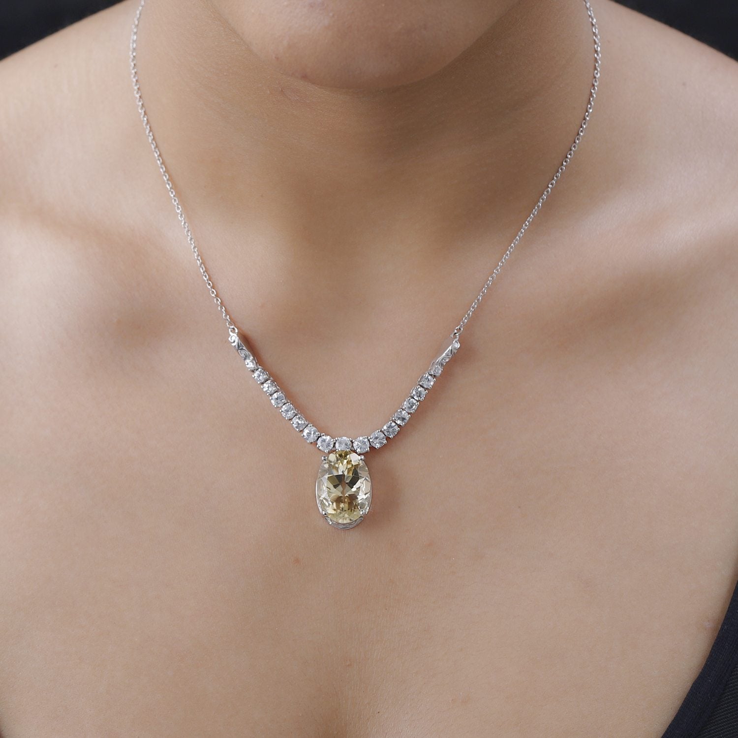Citrin, weißer Zirkon Anhänger mit Kette im Set, ca. 50 cm, 925 Silber platiniert ca. 15,15 ct