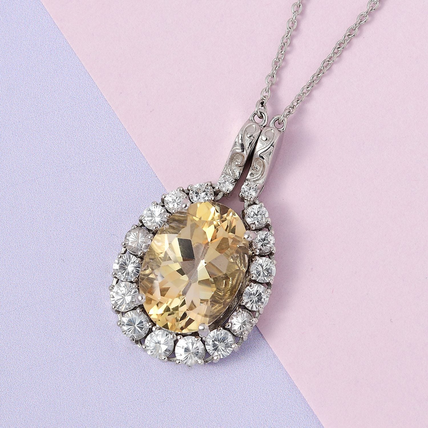 Citrin, weißer Zirkon Anhänger mit Kette im Set, ca. 50 cm, 925 Silber platiniert ca. 15,15 ct