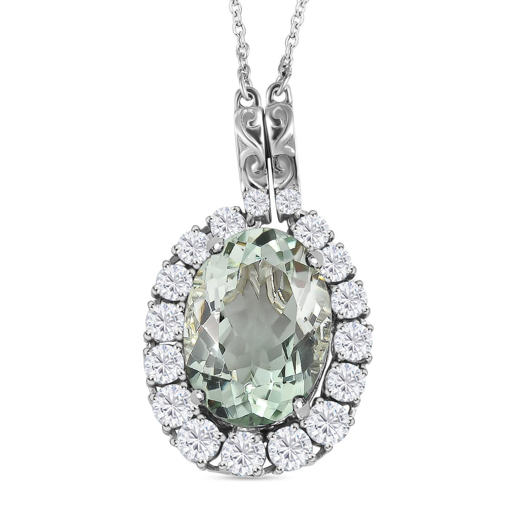 Prasiolith, weißer Zirkon Anhänger mit Kette, ca. 50 cm, 925 Silber platiniert ca. 15.10 ct