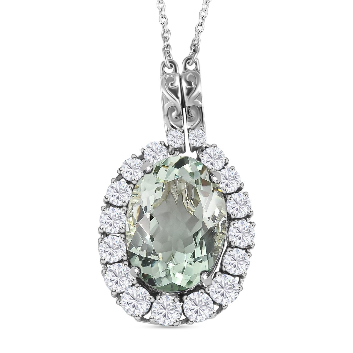 Prasiolith, weißer Zirkon Anhänger mit Kette, ca. 50 cm, 925 Silber platiniert ca. 15.10 ct