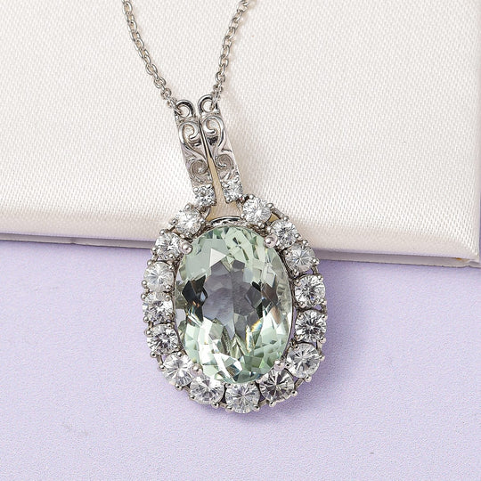 Prasiolith, weißer Zirkon Anhänger mit Kette, ca. 50 cm, 925 Silber platiniert ca. 15.10 ct