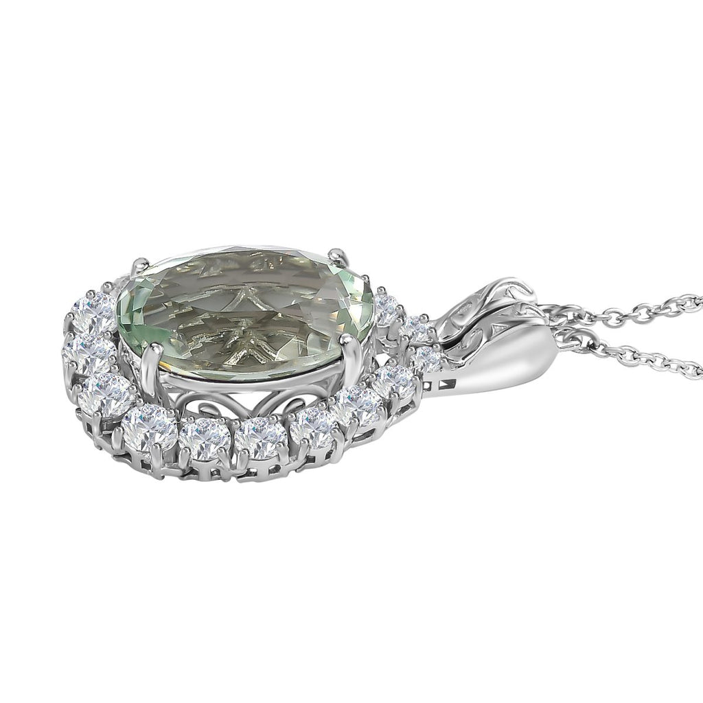 Prasiolith, weißer Zirkon Anhänger mit Kette, ca. 50 cm, 925 Silber platiniert ca. 15.10 ct
