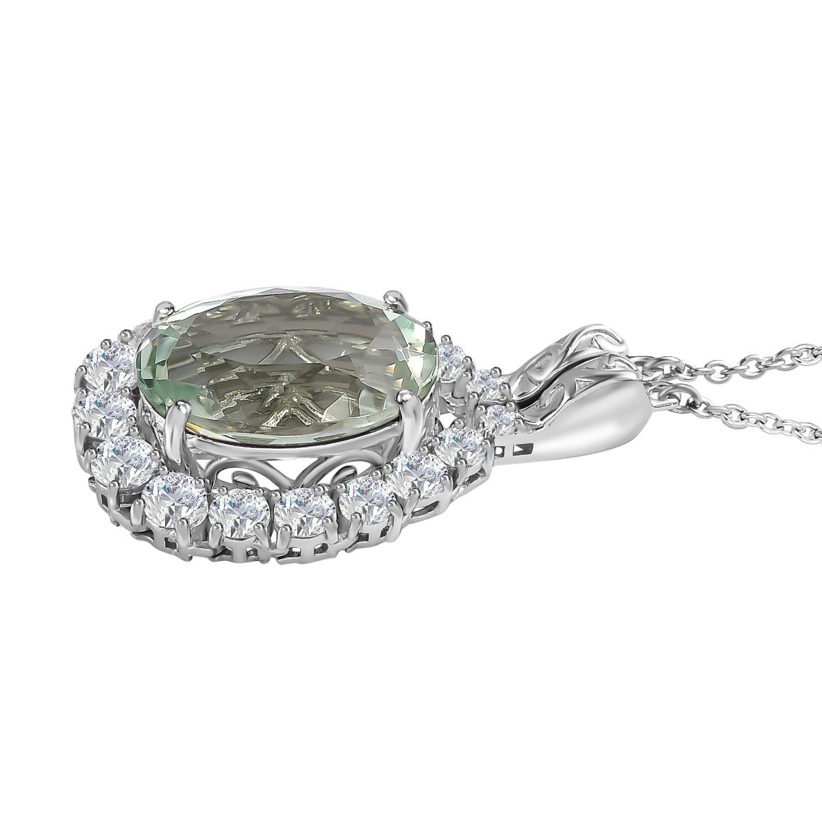 Prasiolith, weißer Zirkon Anhänger mit Kette, ca. 50 cm, 925 Silber platiniert ca. 15.10 ct