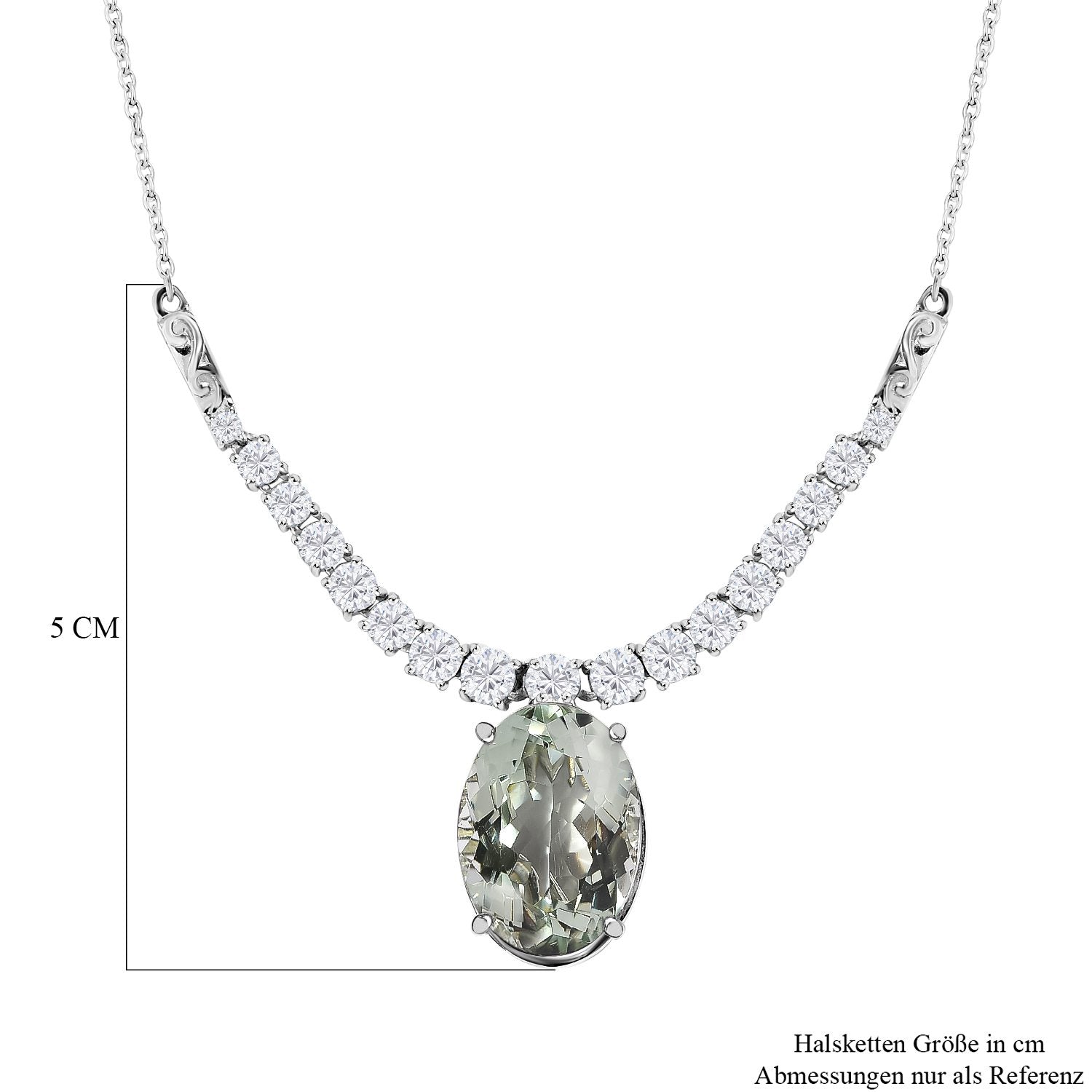 Prasiolith, weißer Zirkon Anhänger mit Kette, ca. 50 cm, 925 Silber platiniert ca. 15.10 ct
