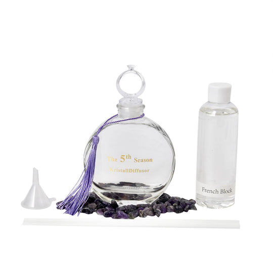 The 5th Season - Aromatherapie-Glasflasche mit Rosenquarz und Topas, mit Glasdeckel und Quasten, Größe 9,5x3,5*14cm, Inhalt: 100ml