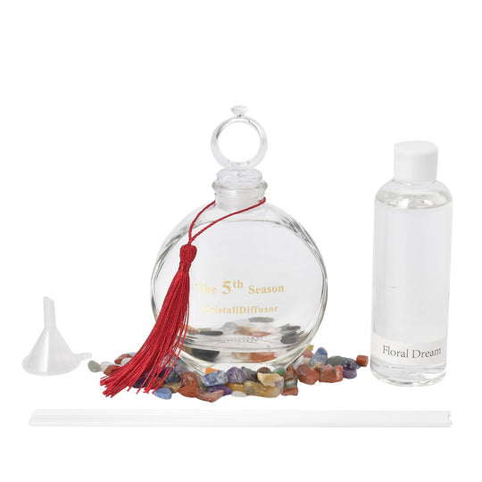 The 5th Season - Aromatherapie-Glasflasche mit Rosenquarz und Topas, mit Glasdeckel und Quasten, Größe 9,5x3,5*14cm, Inhalt: 100ml