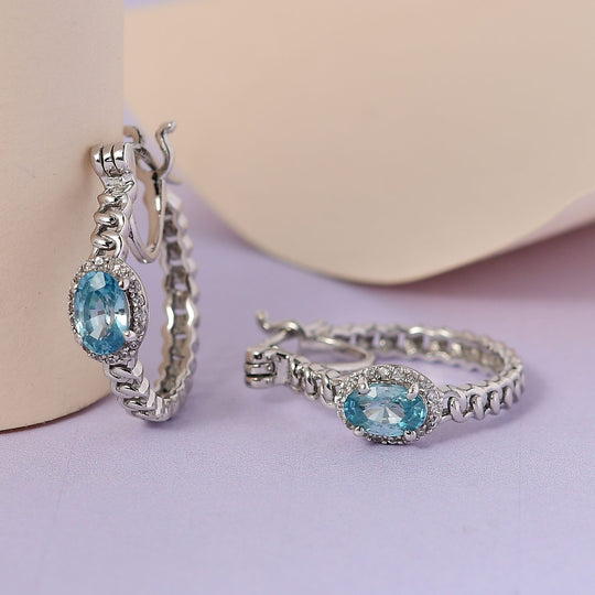 Kambodschanischer, blauer und weiße Zirkon-Creolen, 925 Silber platiniert ca. 1.65 ct