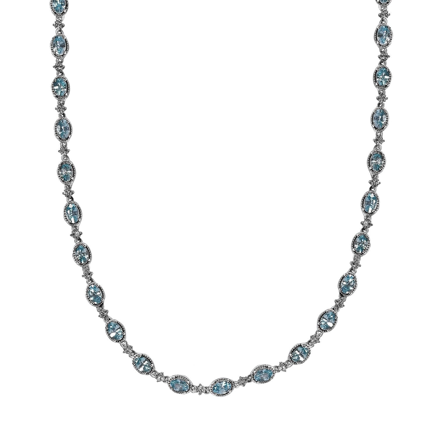 Kambodschanische, blaue und weiße Zirkon Halskette, ca. 50 cm, 925 Silber platiniert ca. 24.71 ct