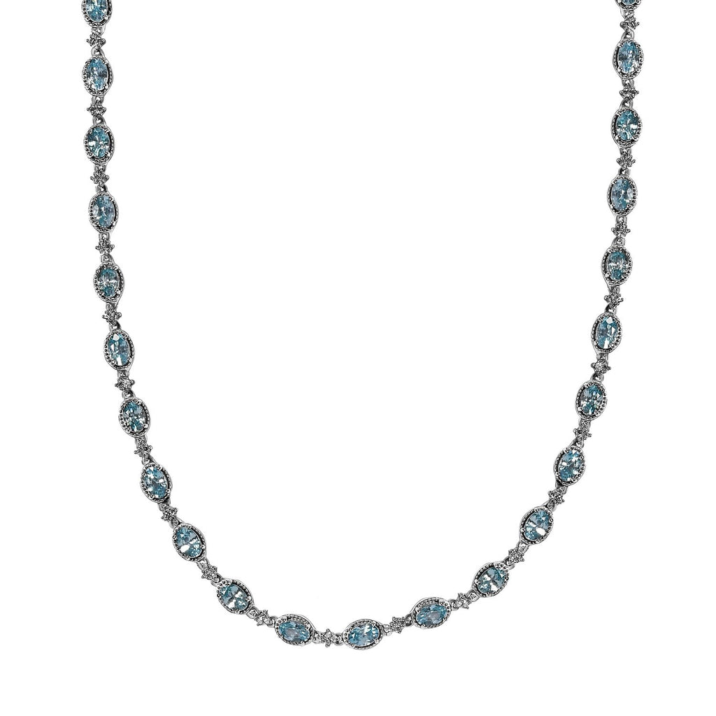 Kambodschanische, blaue und weiße Zirkon Halskette, ca. 50 cm, 925 Silber platiniert ca. 24.71 ct