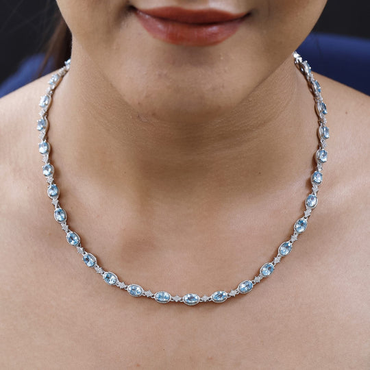 Kambodschanische, blaue und weiße Zirkon Halskette, ca. 50 cm, 925 Silber platiniert ca. 24.71 ct
