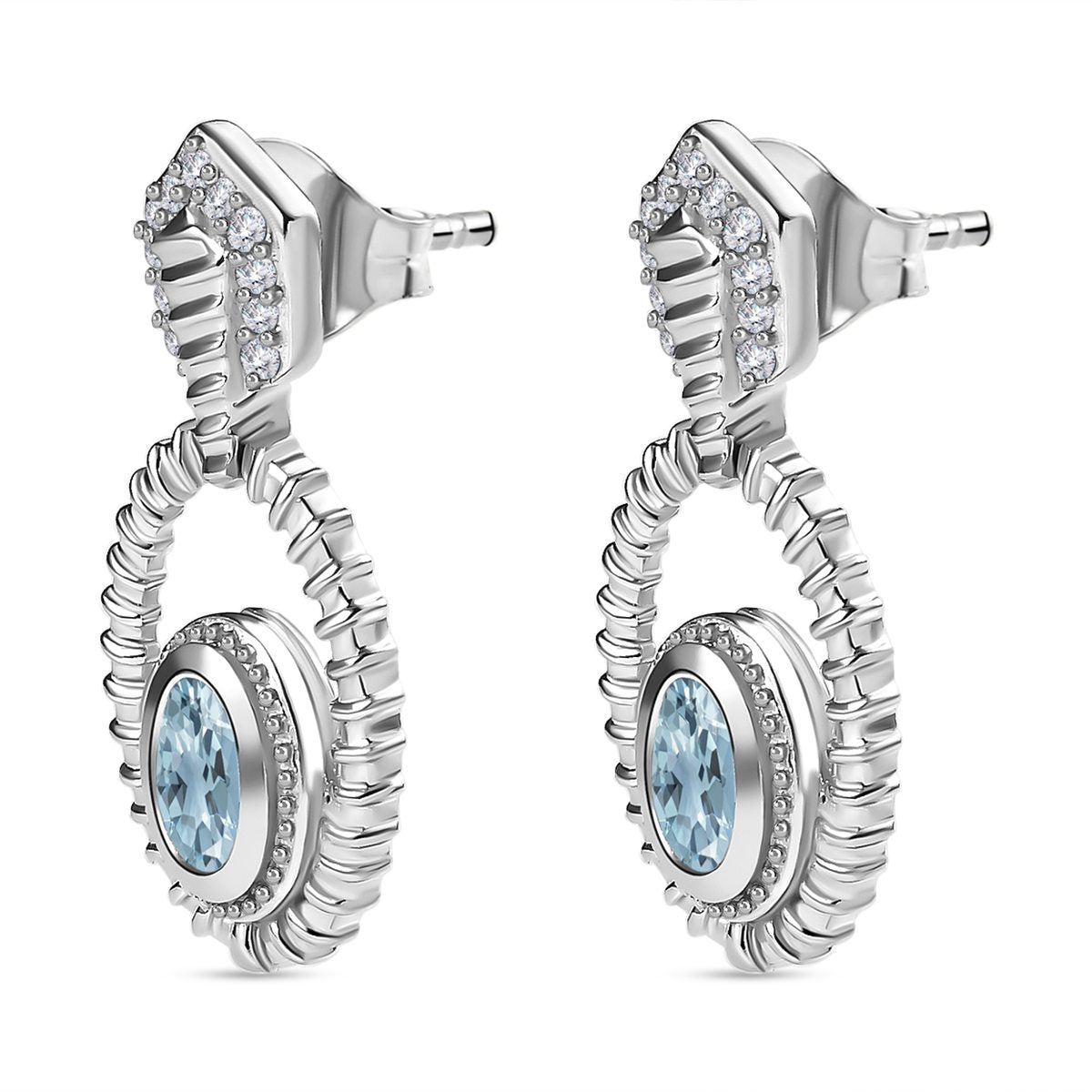 Espirito Santo Aquamarin und weiße Zirkon Ohrringe, 925 Silber platiniert ca. 1.24 ct