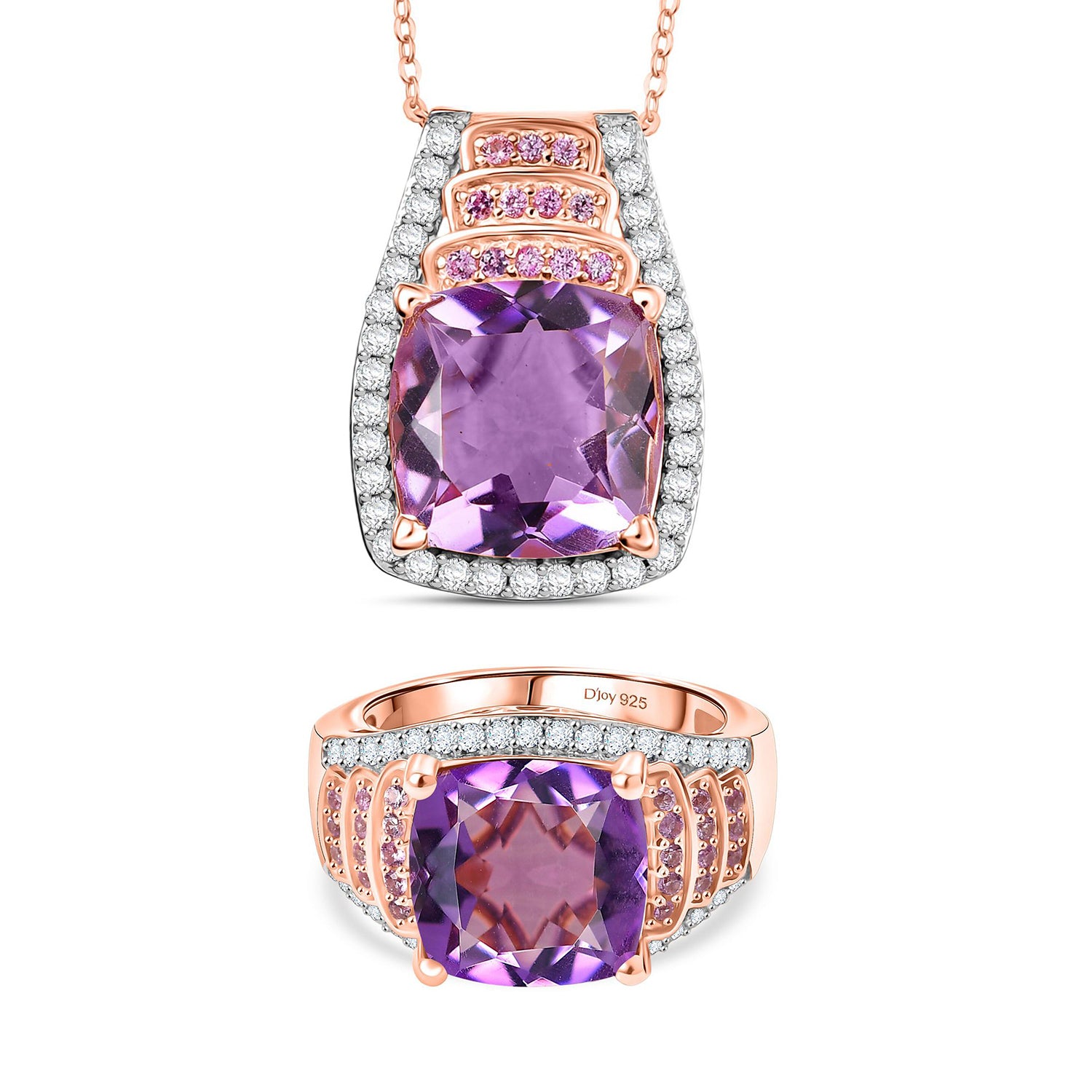 Djoy AA Rose De France Amethyst, Moissanit und rosa Saphir Ring und Anhänger mit 50cm Kette