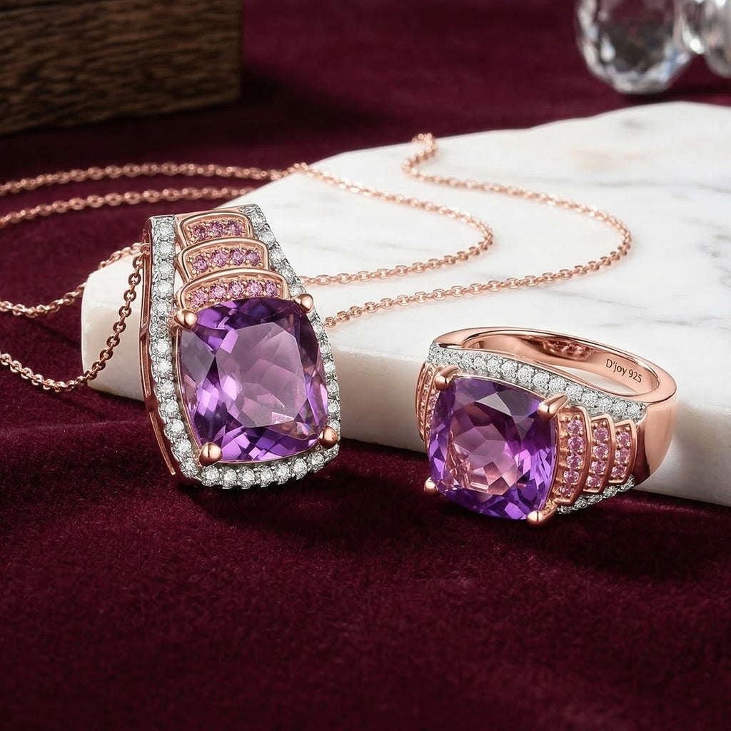 Djoy AA Rose De France Amethyst, Moissanit und rosa Saphir Ring und Anhänger mit 50cm Kette
