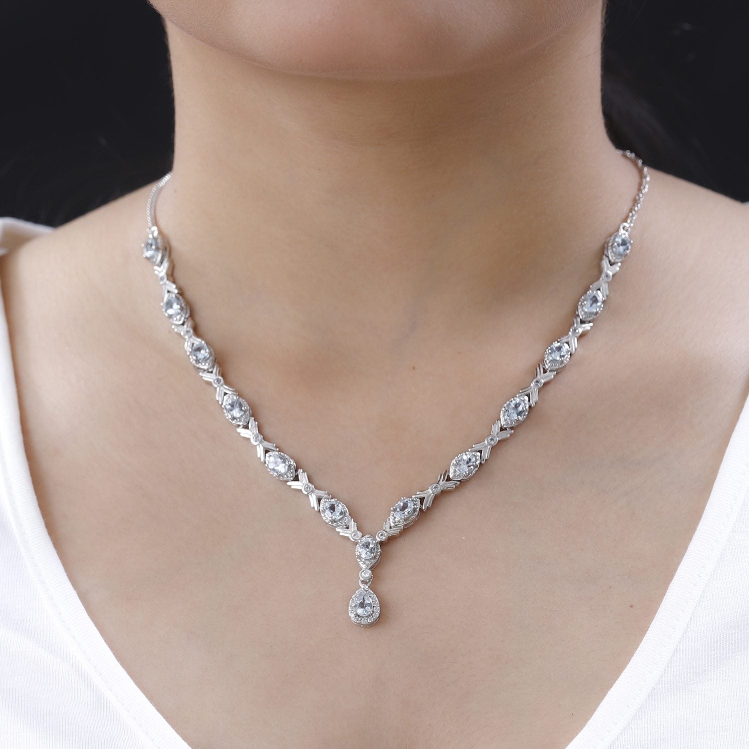 Espirito Santo Aquamarin und Weißer Zirkon Collier, ca. 45 cm 925 Silber platiniert ca. 4.90 ct