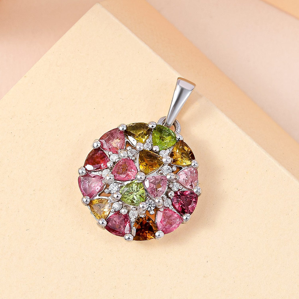 Natürlicher mehrfarbiger Turmalin und Weißer Zirkon Anhänger, 925 Silber platiniert ca. 2.48 ct