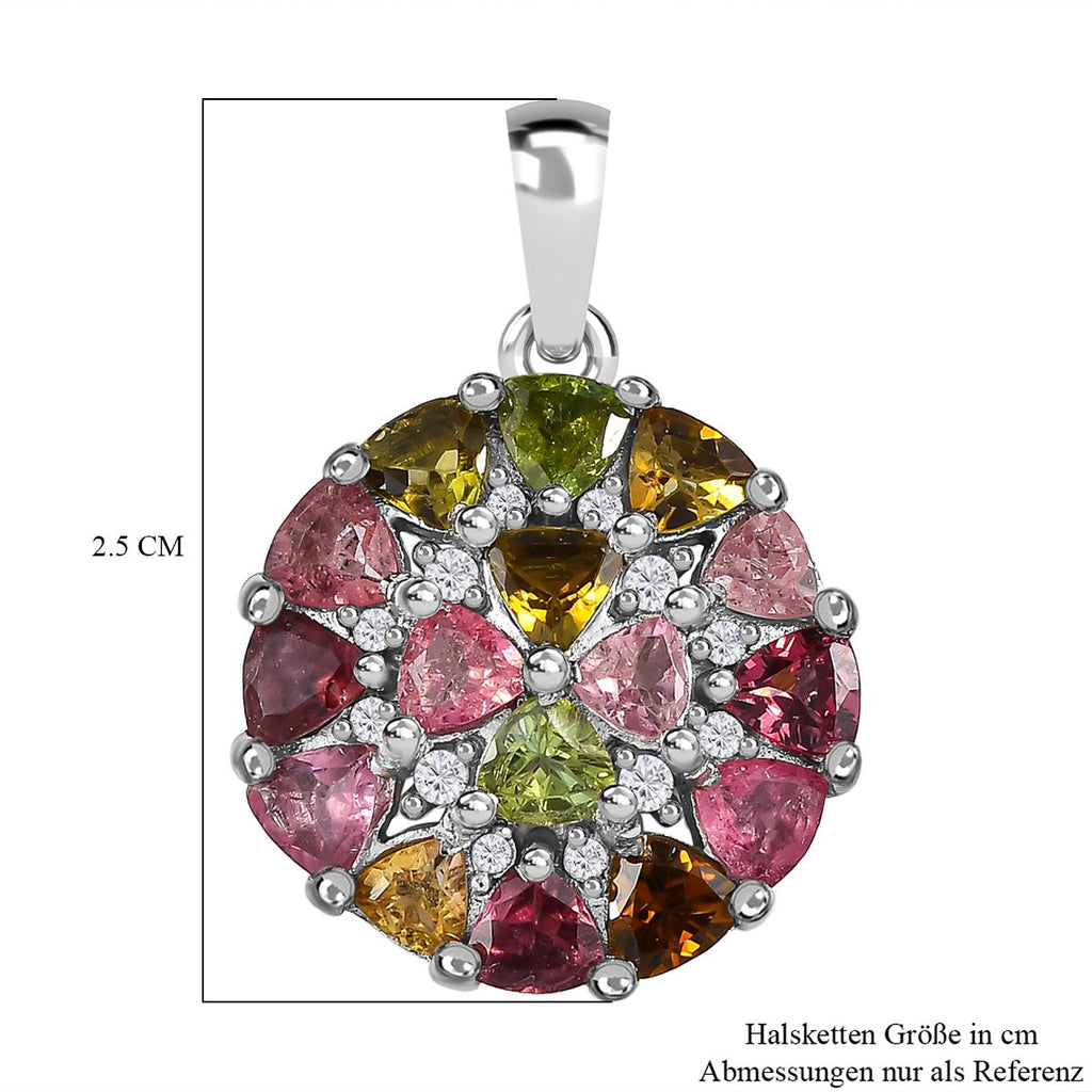 Natürlicher mehrfarbiger Turmalin und Weißer Zirkon Anhänger, 925 Silber platiniert ca. 2.48 ct