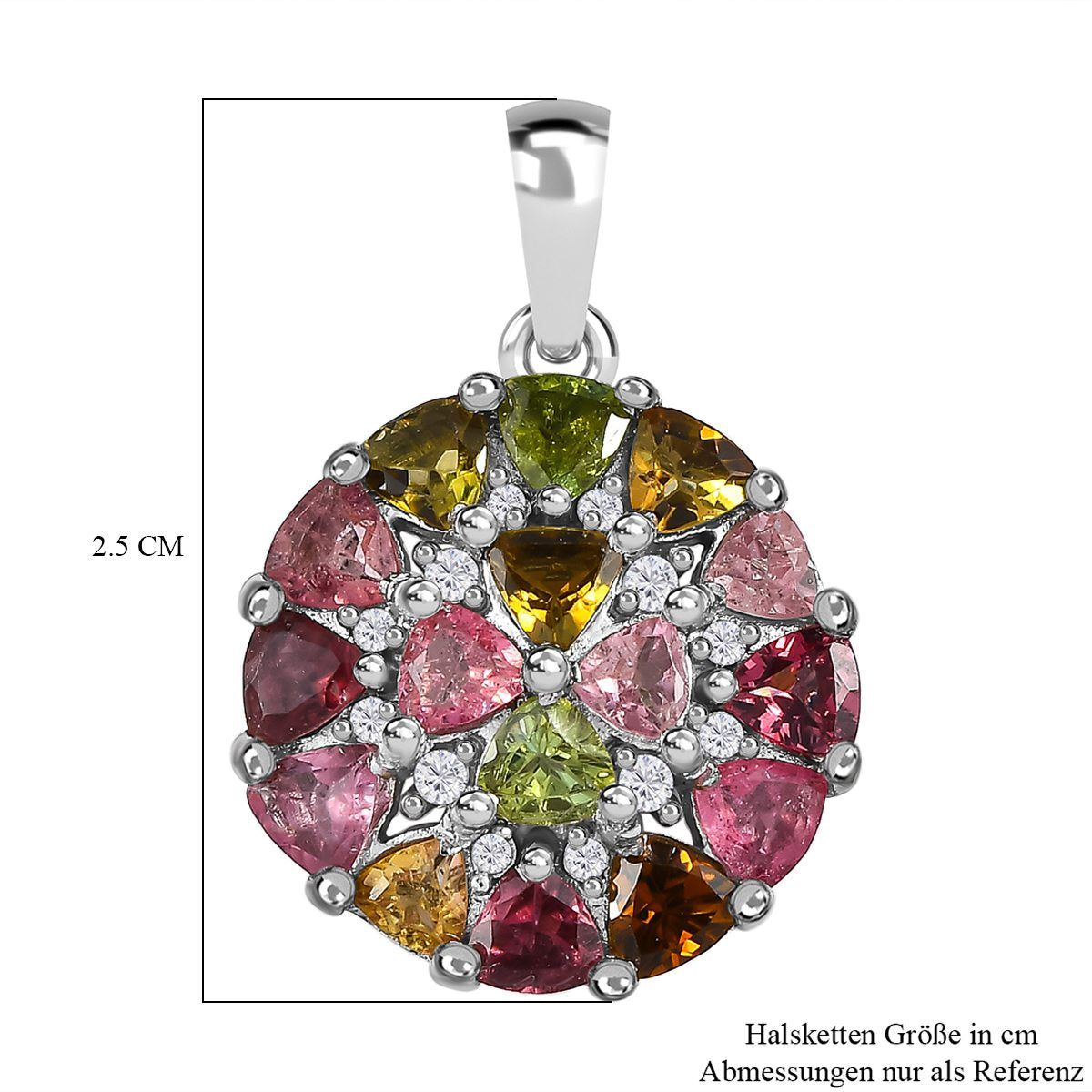 Natürlicher mehrfarbiger Turmalin und Weißer Zirkon Anhänger, 925 Silber platiniert ca. 2.48 ct