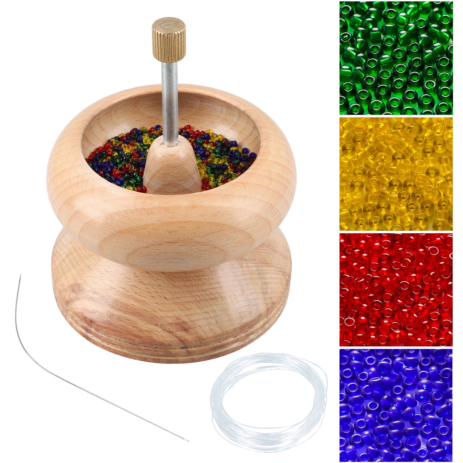 Perlen Spinner aus Kiefernholz mit Stahlnadel, bunten Perlen und Faden inkl.