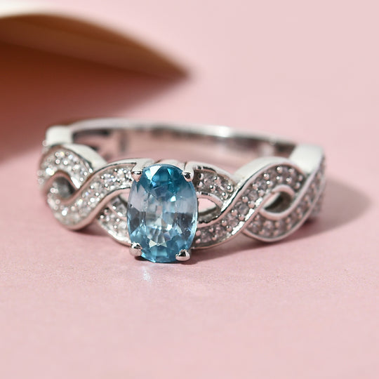 Kambodschanischer blauer und Weißer Zirkon Ring 925 Silber platiniert (Größe 16.00)