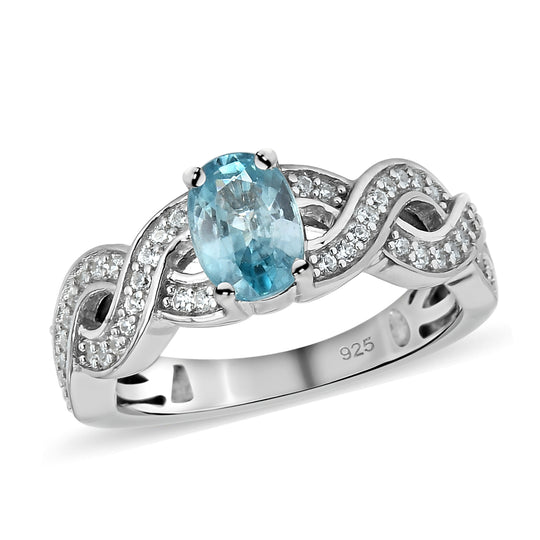 Kambodschanischer blauer und Weißer Zirkon Ring 925 Silber platiniert (Größe 16.00)