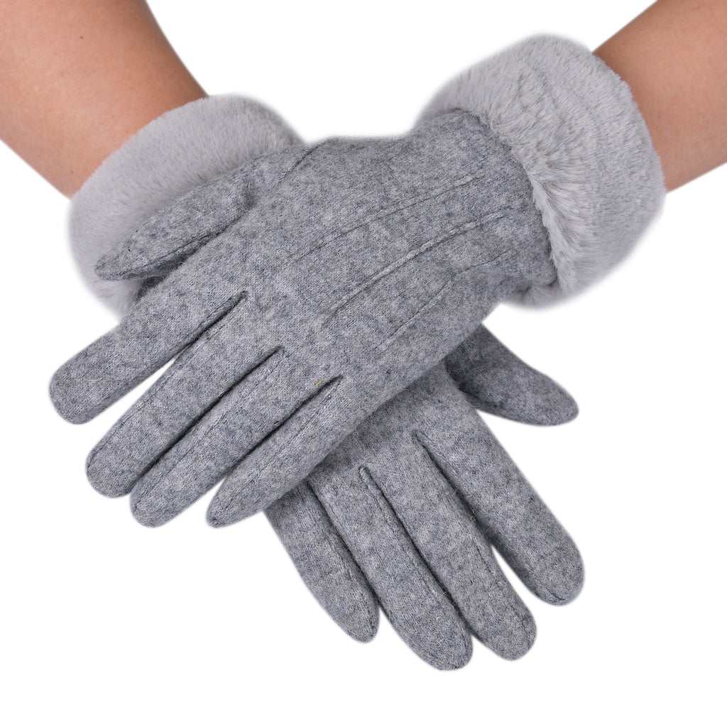 LA MAREY Kaschmirwolle Handschuhe mit Kunstfell Bordüre, Grau