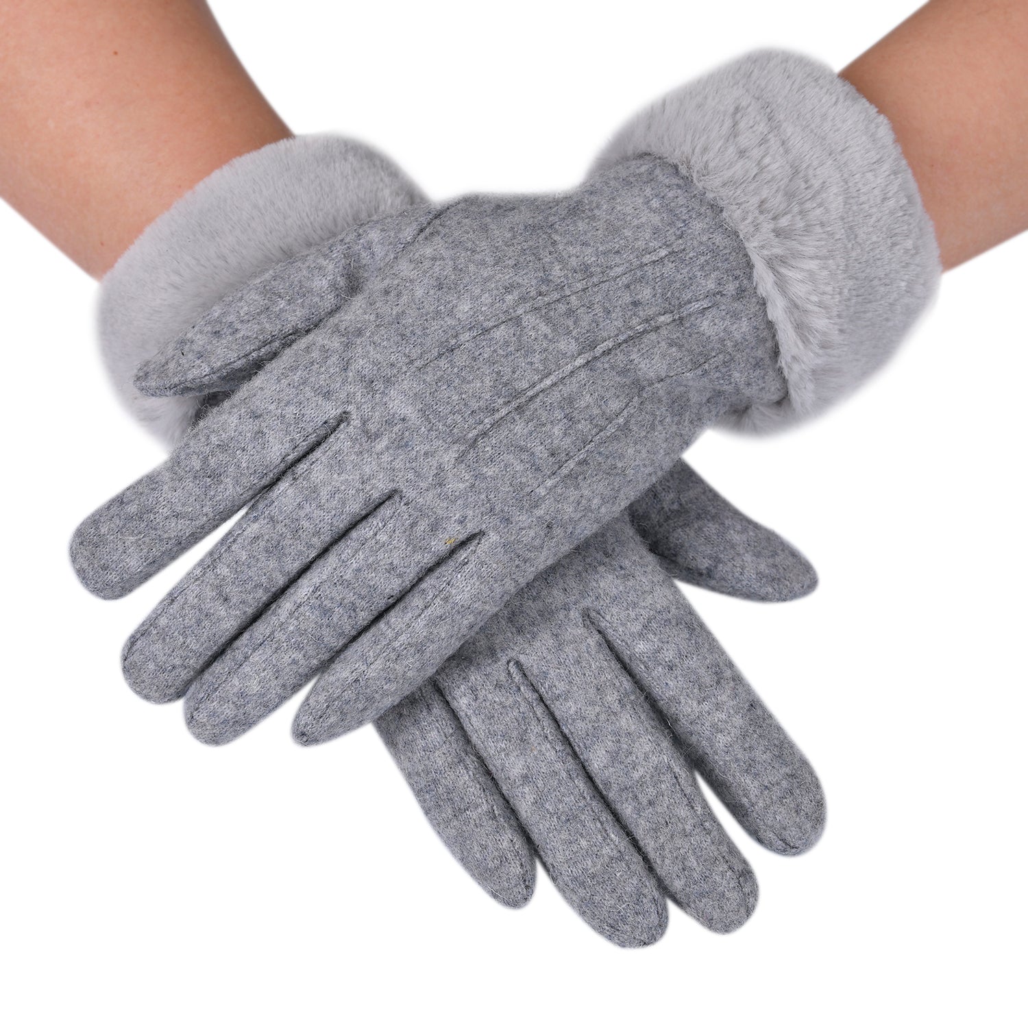 LA MAREY Kaschmirwolle Handschuhe mit Kunstfell Bordüre, Grau