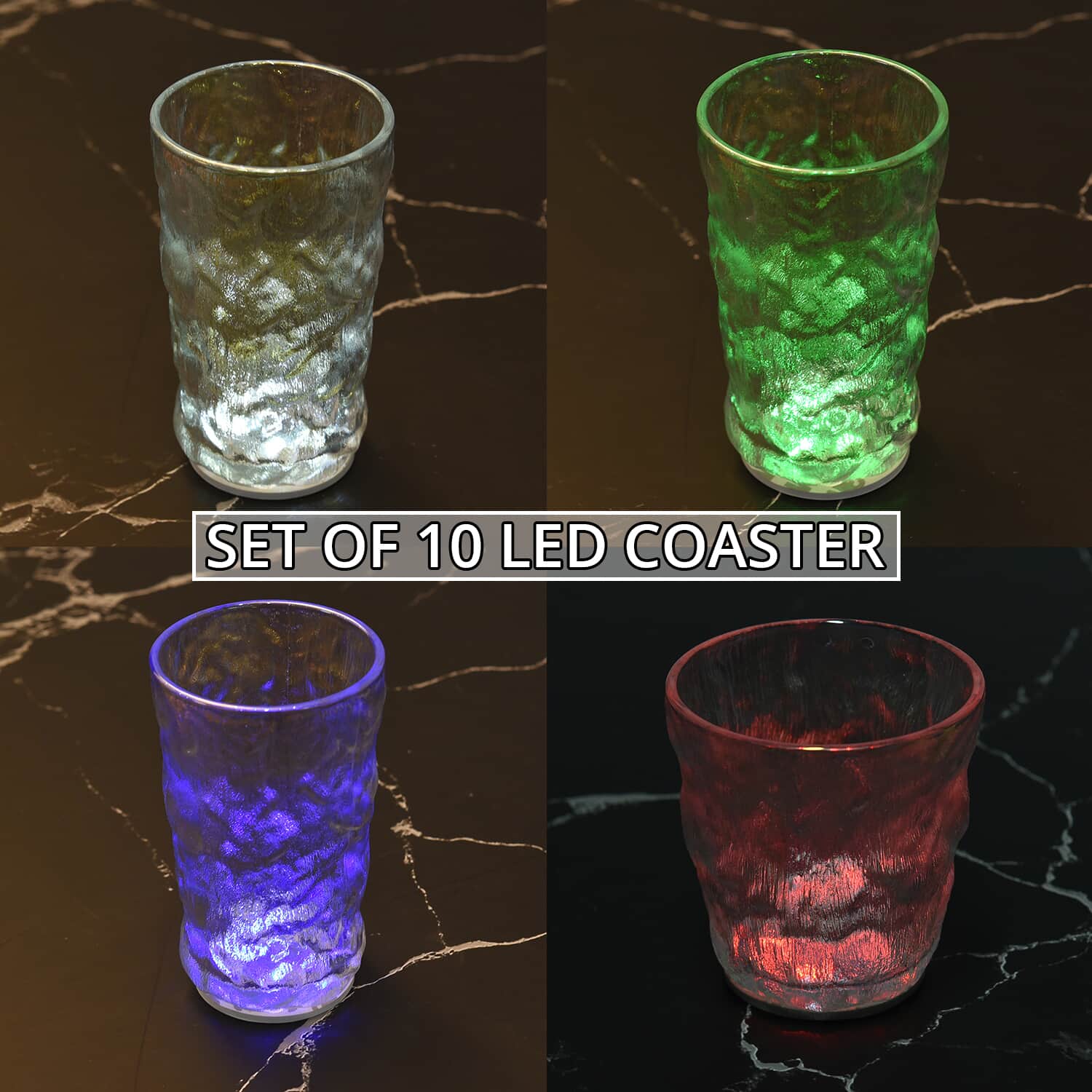 LED-Untersetzer-Set (10 Stk.), 6x6 cm, inkl. 2x 1220 Batterien, Lichtfarben: Blau (3), Grün (3), Rot (2), Weiß (2)