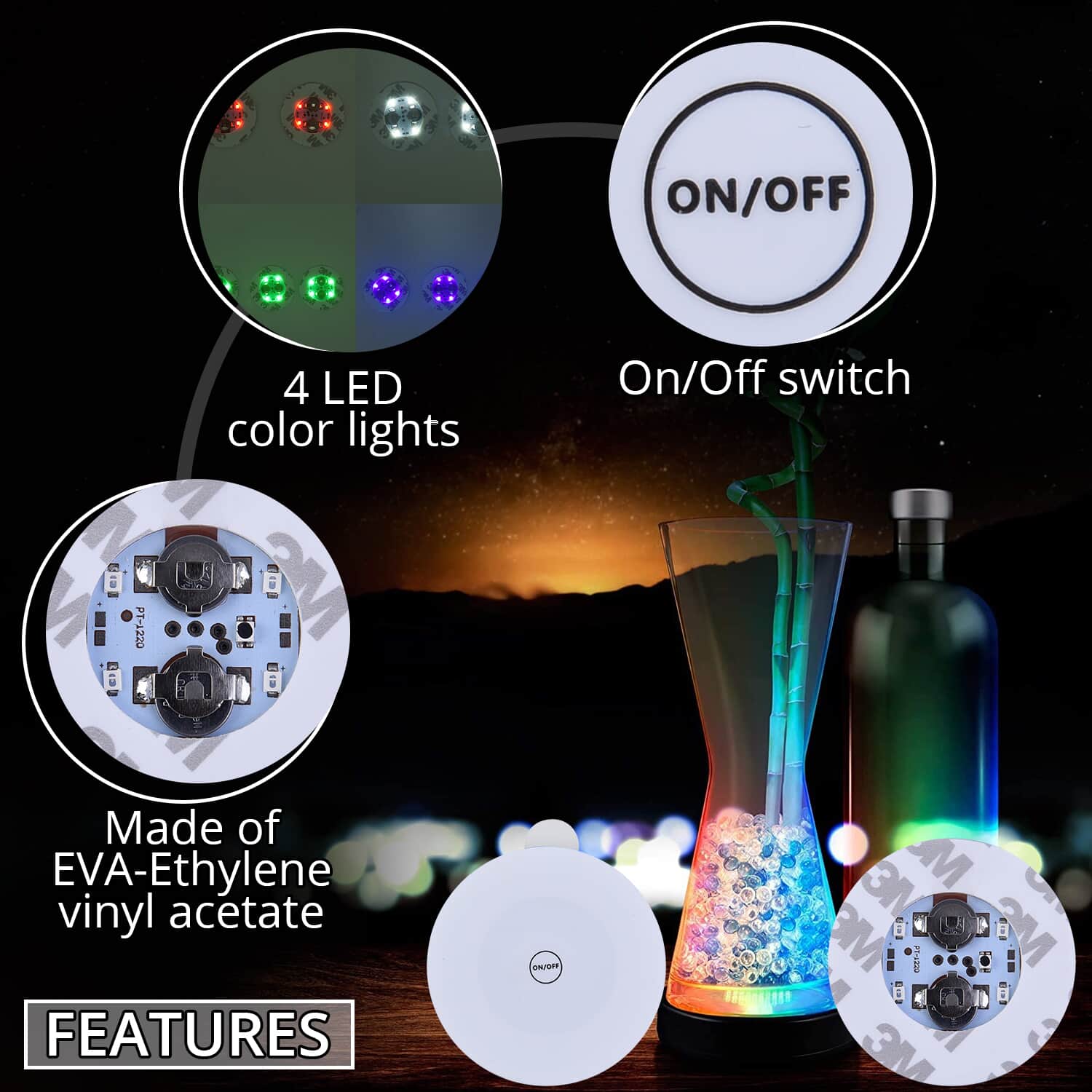 LED-Untersetzer-Set (10 Stk.), 6x6 cm, inkl. 2x 1220 Batterien, Lichtfarben: Blau (3), Grün (3), Rot (2), Weiß (2)