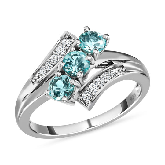 Paraiba-Apatit, weißer Zirkon Ring, 925 Silber platiniert ca. 1.08 ct