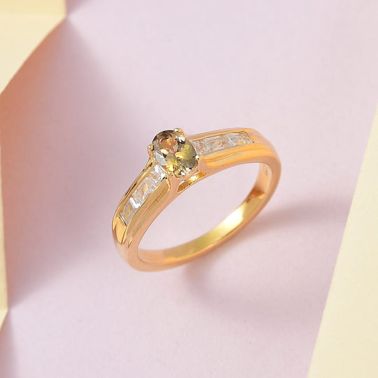 AA Natürlicher goldener Tansanit, weißer Zirkon Ring, 925 Silber Gelbgold Vermeil (Größe 20.00) ca. 1.03 ct