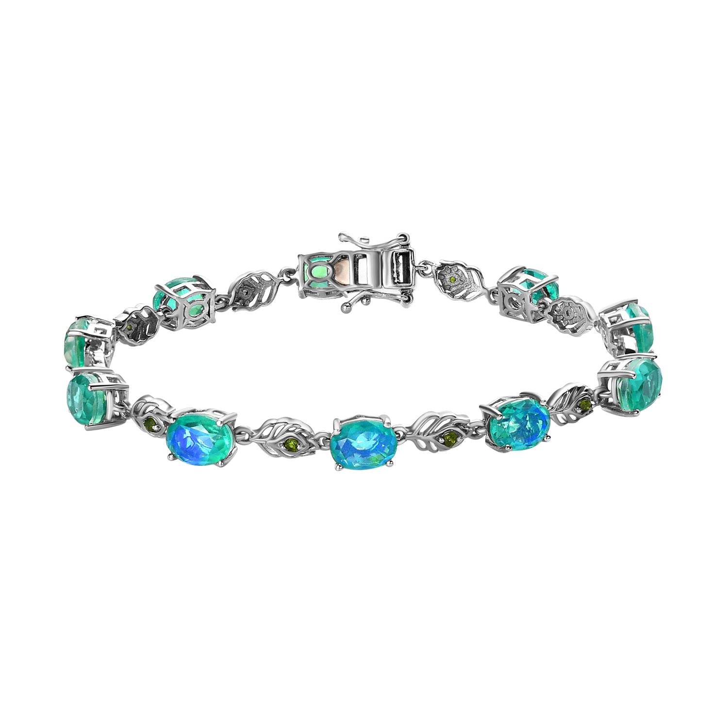 Pfau Triplette Quarz, Natürliches Chromdiopsid Armband, ca. 19 cm 925 Silber platiniert ca. 15.09 ct