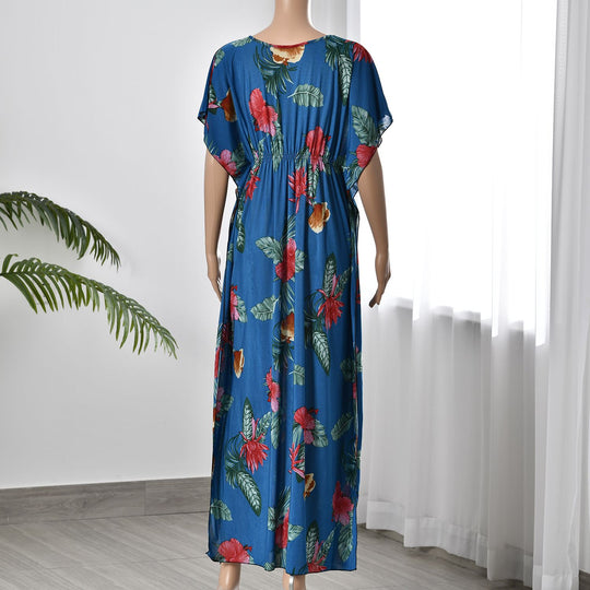 Kurzärmeliges, tailliertes Maxikleid, Größe: 27x132cm, blau