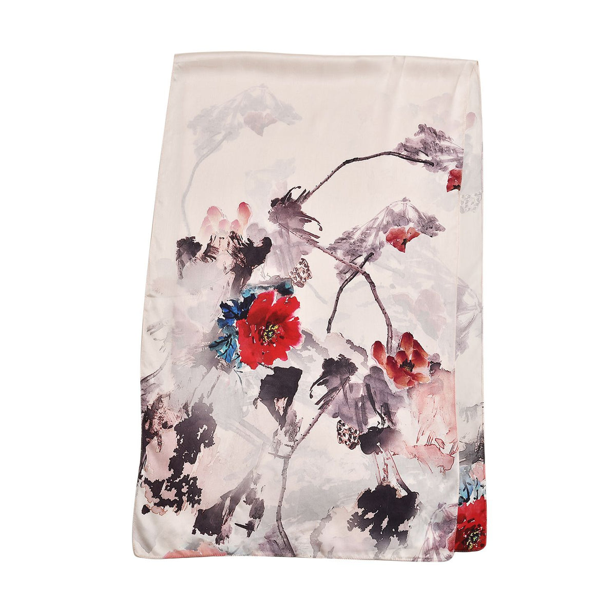 La marey Painted plain crepe satin 100%silk scarfMaterial : 100%silk Size: 52*170cmWeight : 50gColor : pink and grey