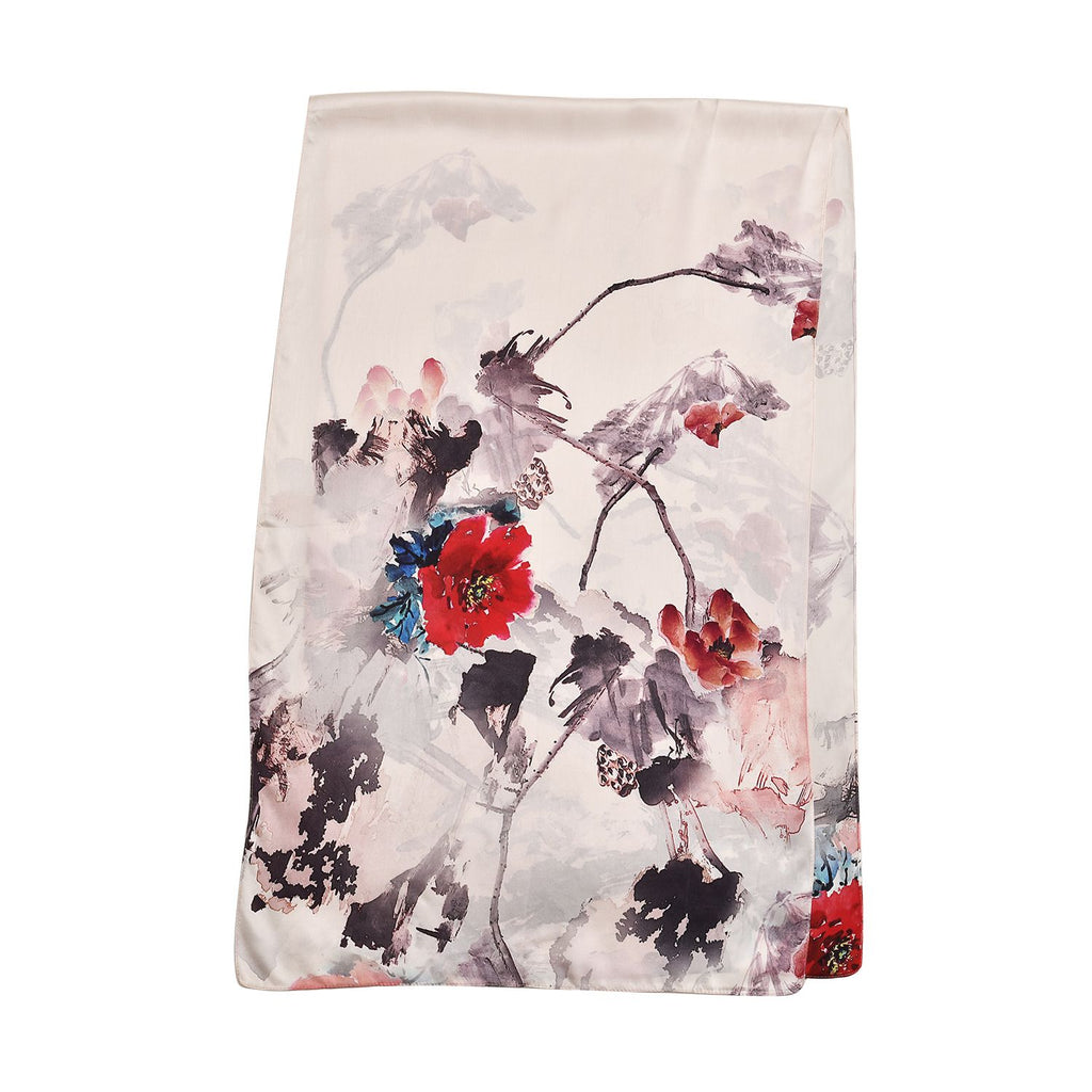 La marey Painted plain crepe satin 100%silk scarfMaterial : 100%silk Size: 52*170cmWeight : 50gColor : pink and grey