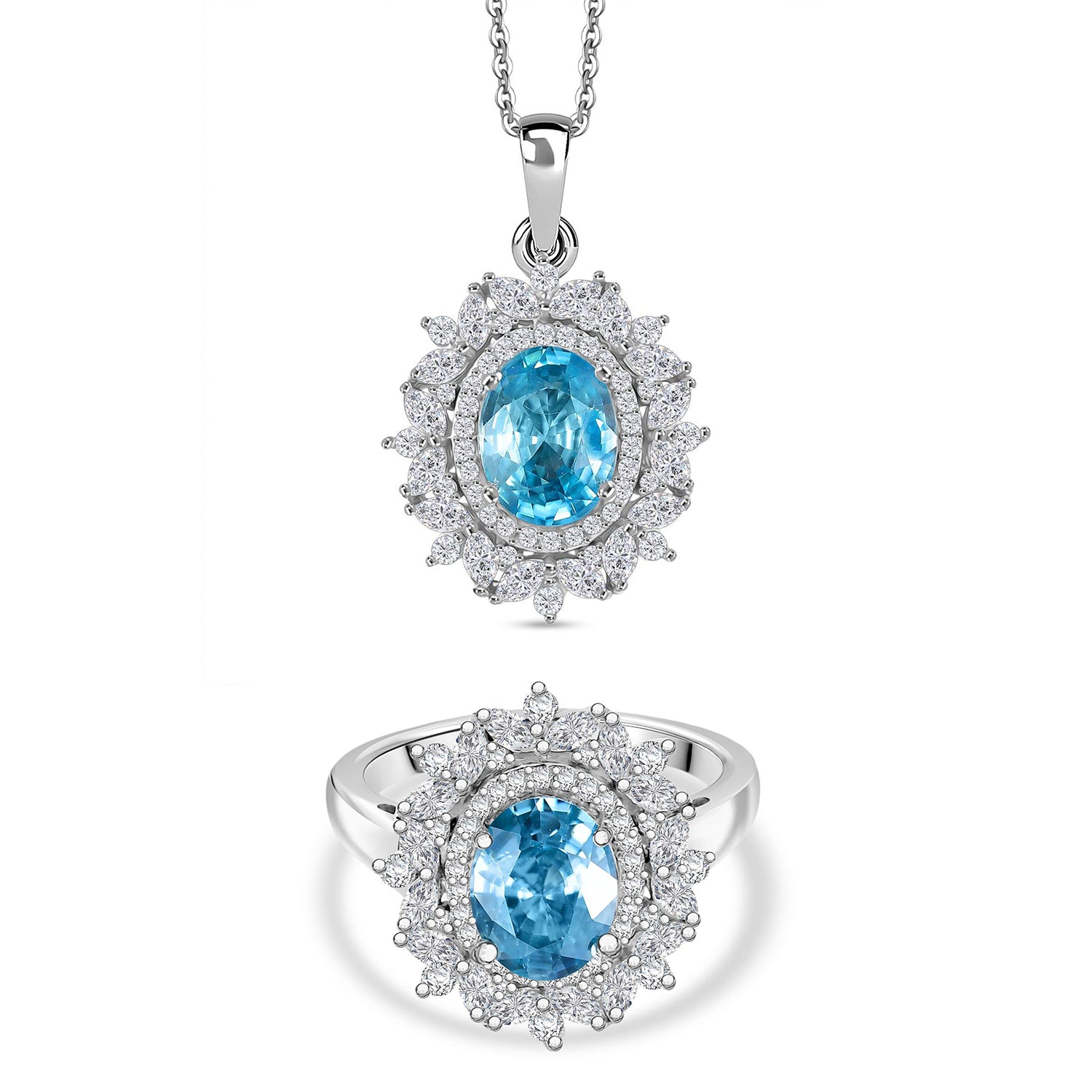D'Joy blauer und weißer Zirkon Ring und Anhänger mit 50cm Kette