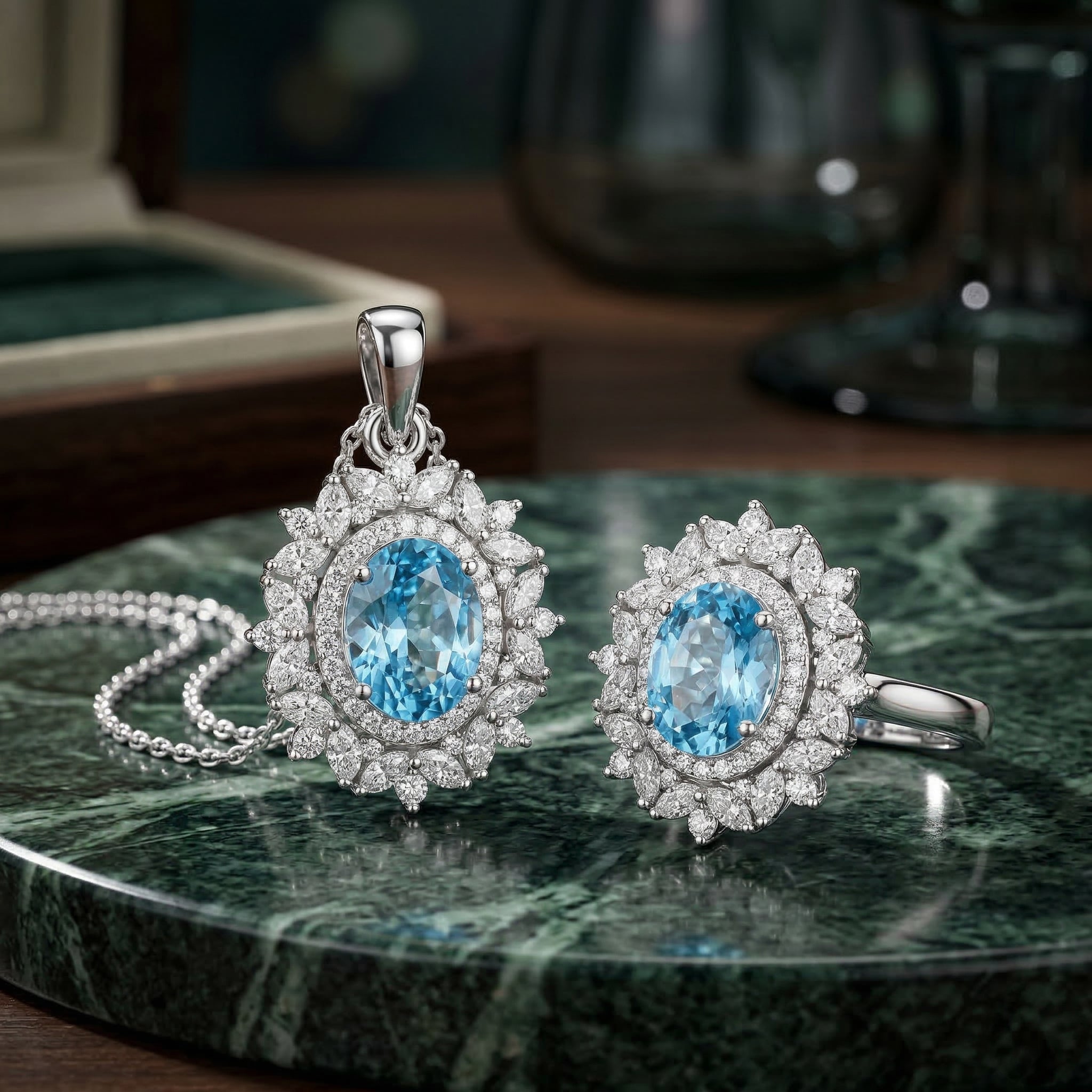 D'Joy blauer und weißer Zirkon Ring und Anhänger mit 50cm Kette