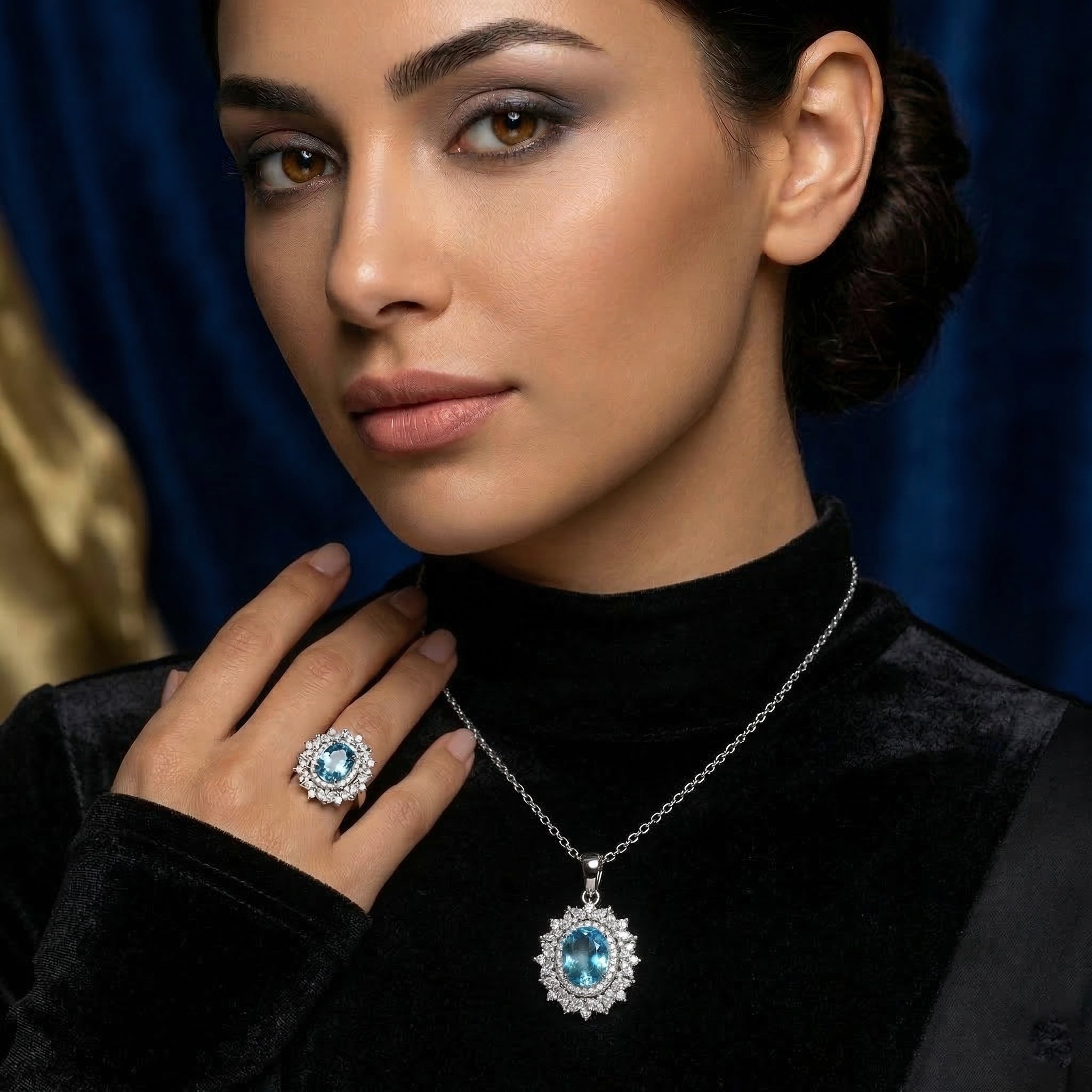 D'Joy blauer und weißer Zirkon Ring und Anhänger mit 50cm Kette