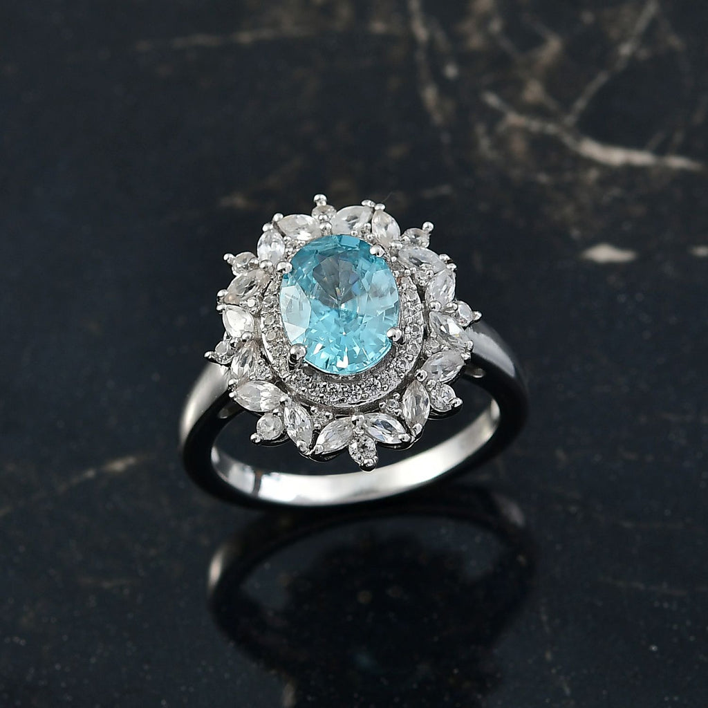 D'Joy blauer und weißer Zirkon Ring und Anhänger mit 50cm Kette
