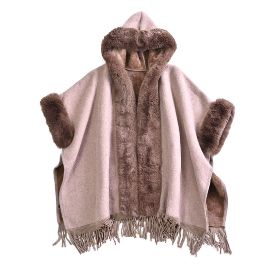 Faux Fur thick cape with tassel and fleece liningMaterial: 40% Acrylic 40% Polyester 20% cottonSize:110*90cmWeight:1470gColor: beige