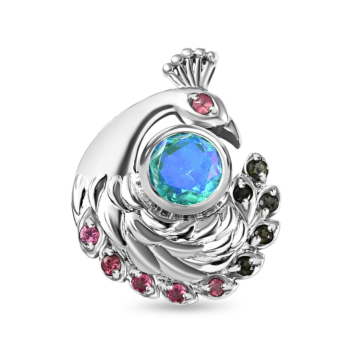 Pfau Triplett Quarz, mehrfarbiger Turmalin Anhänger 925 Silber platiniert ca. 2.52 ct