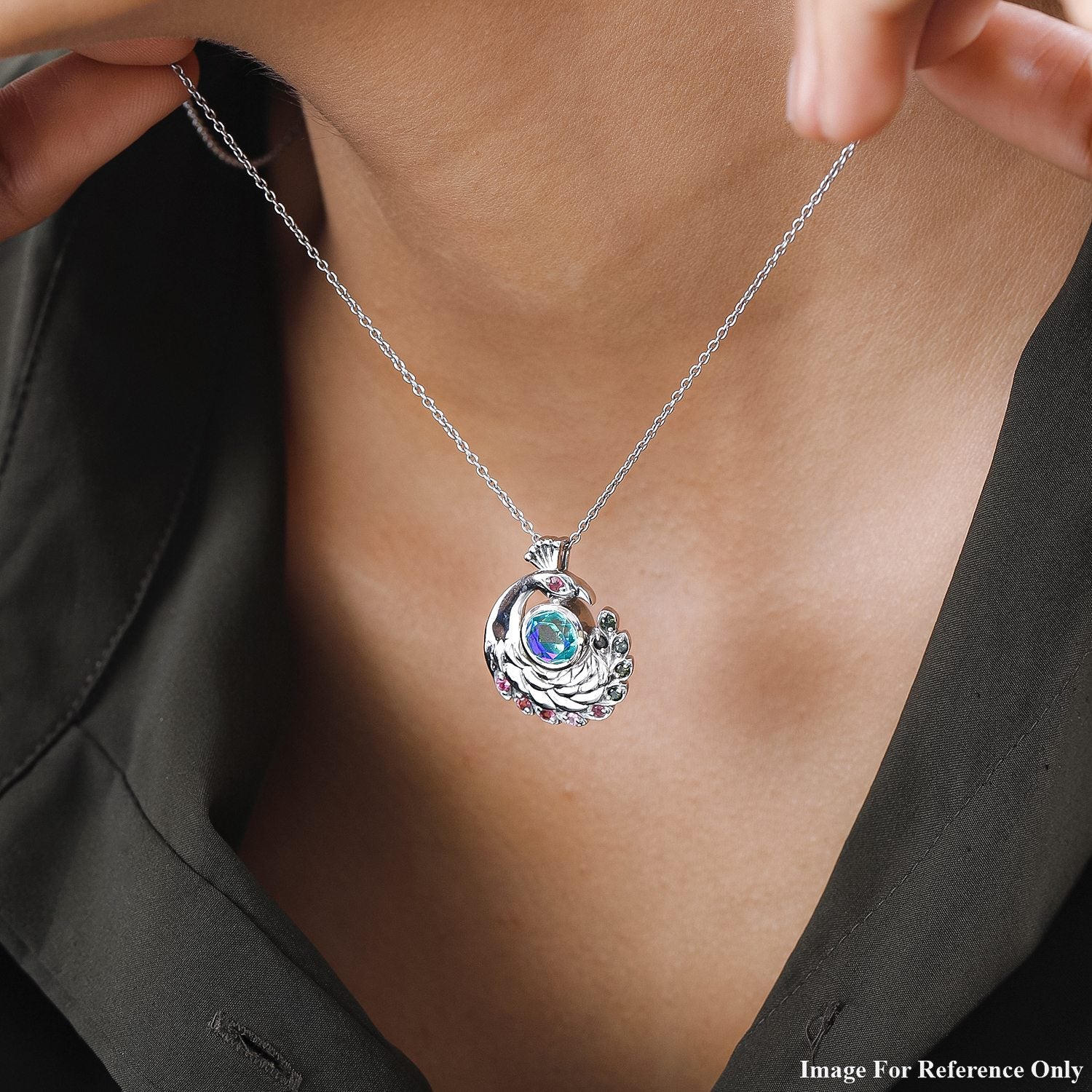 Pfau Triplett Quarz, mehrfarbiger Turmalin Anhänger 925 Silber platiniert ca. 2.52 ct