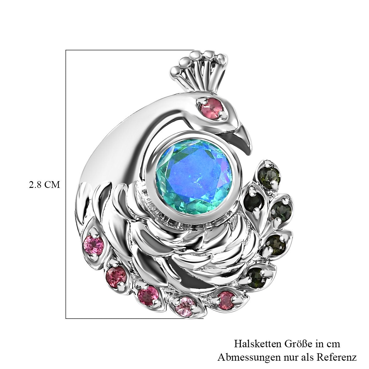 Pfau Triplett Quarz, mehrfarbiger Turmalin Anhänger 925 Silber platiniert ca. 2.52 ct