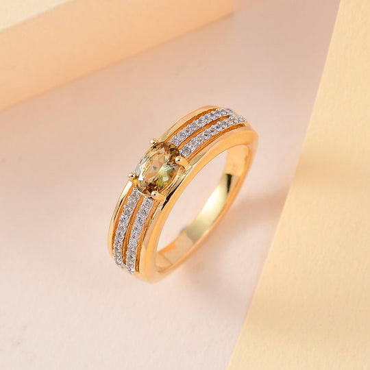 AA Natürlicher goldener Tansanit, weißer Zirkon Ring, 925 Silber Gelbgold Vermeil, (Größe 17.00), ca. 1.11 ct