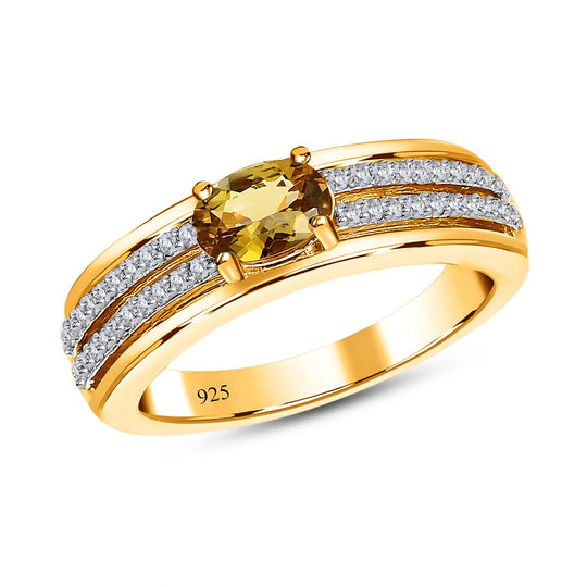 AA Natürlicher goldener Tansanit, weißer Zirkon Ring, 925 Silber Gelbgold Vermeil, (Größe 17.00), ca. 1.11 ct