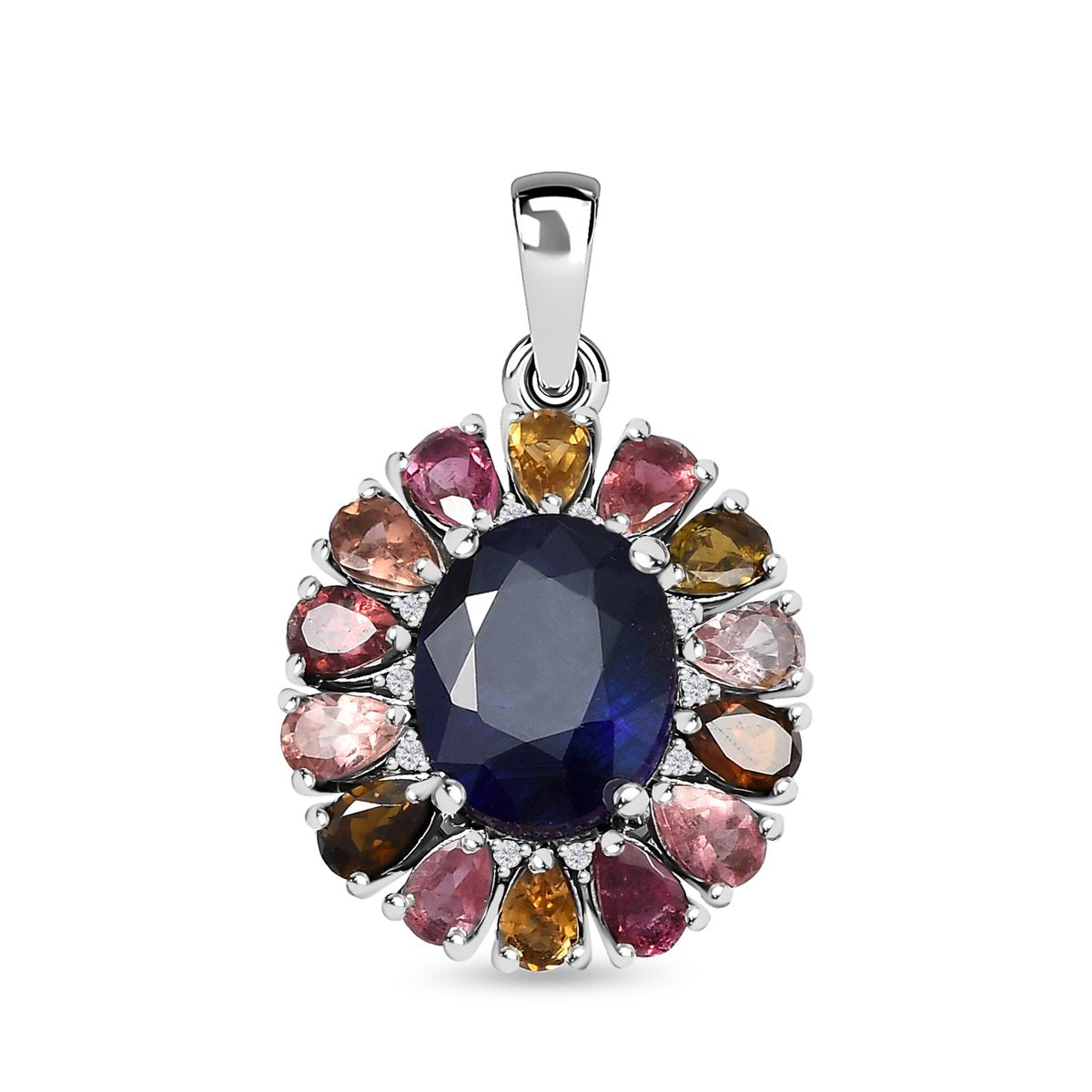 Masoala Saphir (Fissure gefüllt), Mehrfach-Turmalin Anhänger 925 Silber platiniert ca. 7.96 ct