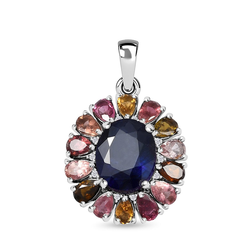Masoala Saphir (Fissure gefüllt), Mehrfach-Turmalin Anhänger 925 Silber platiniert ca. 7.96 ct