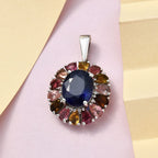 Masoala Saphir (Fissure gefüllt), Mehrfach-Turmalin Anhänger 925 Silber platiniert ca. 7.96 ct