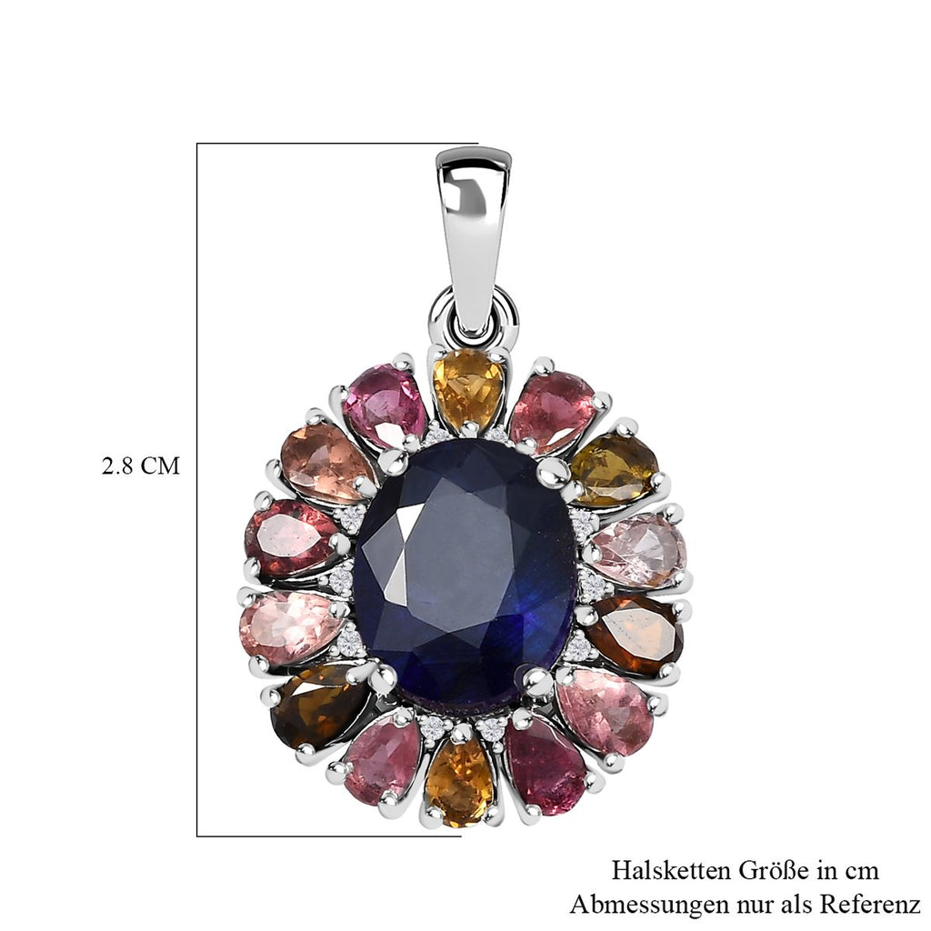 Masoala Saphir (Fissure gefüllt), Mehrfach-Turmalin Anhänger 925 Silber platiniert ca. 7.96 ct