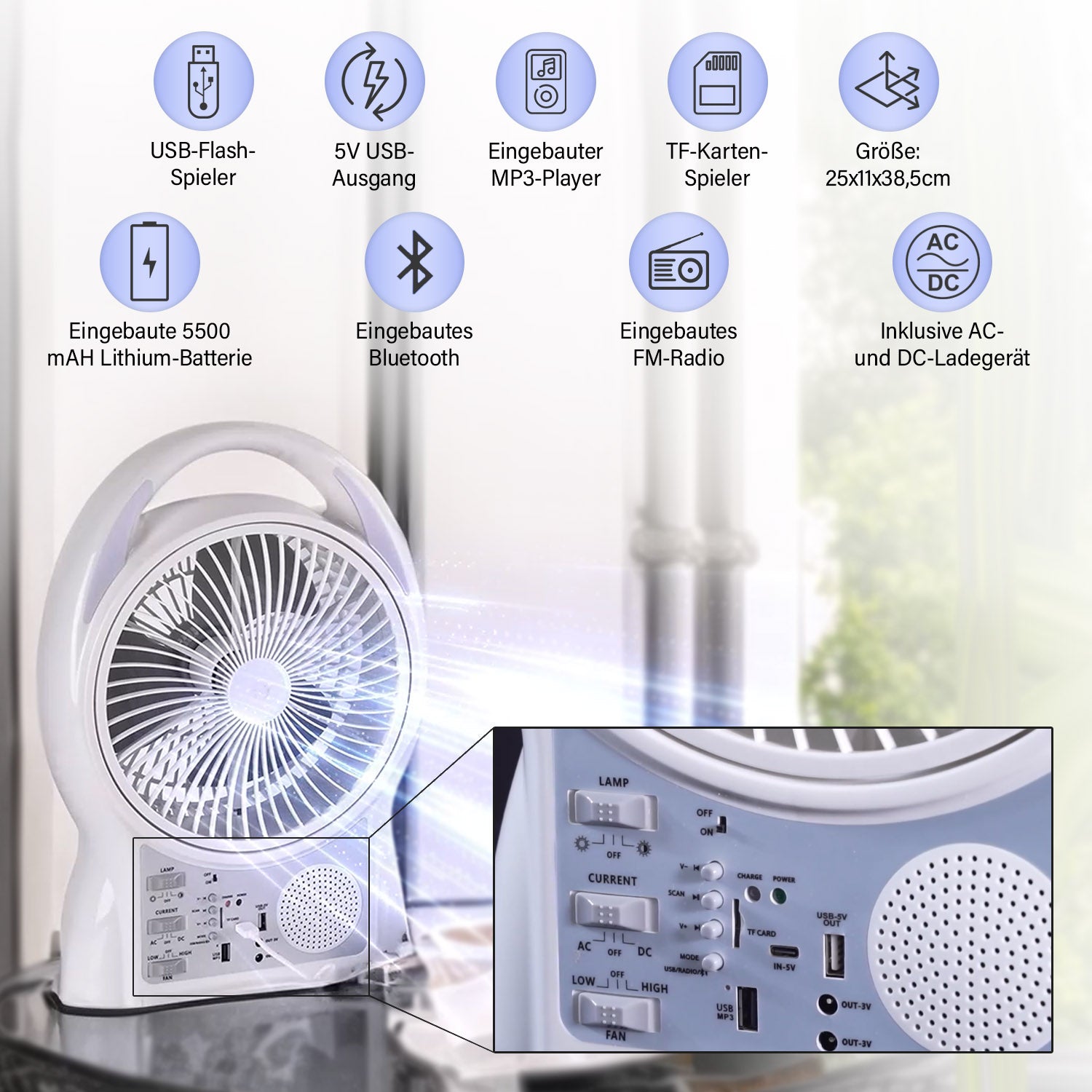 Tragbarer Mini-Solarventilator, Eingebauter 5500MAH Lithium-Akku, weiß